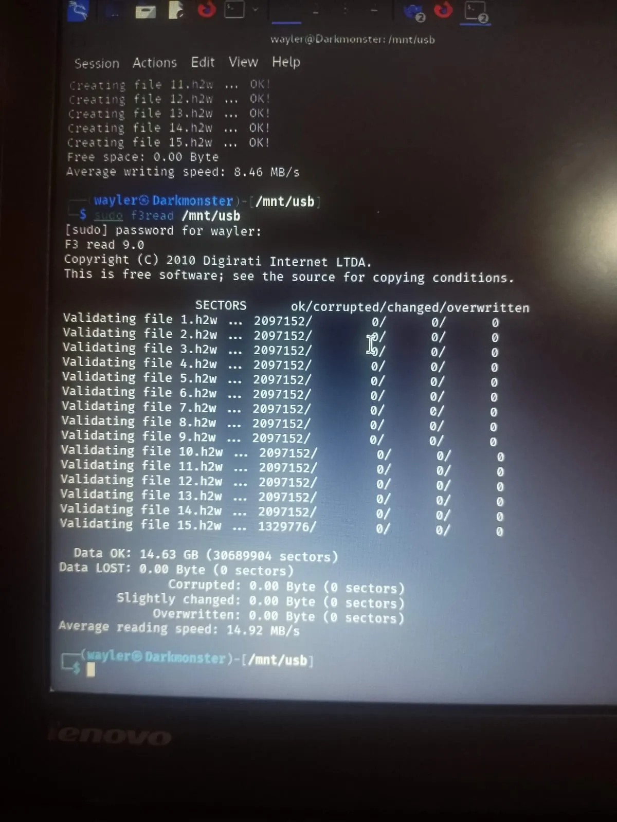Terminal showing flash drive integrity verification